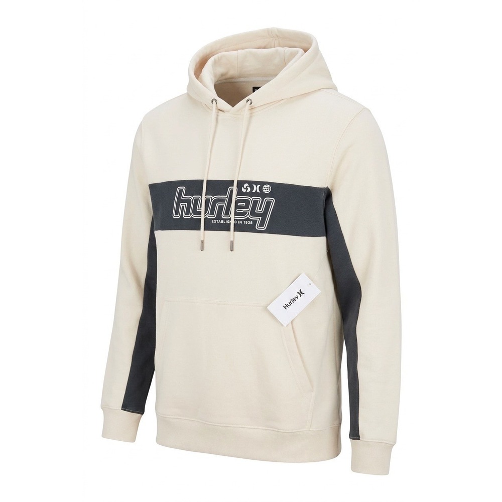 Hurley Mens Tri Blocker Slub Hoodie Bone Cream Gray Logo Sweatshirt L New Retro